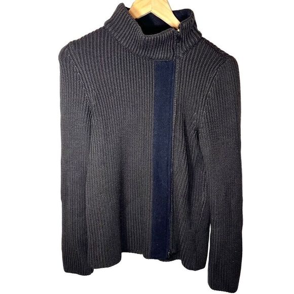 Emporio Armani Wool Chunky Knit Ribbed Brown Zip Up Mock Neck Sweater Size 12 - Picture 3 of 8